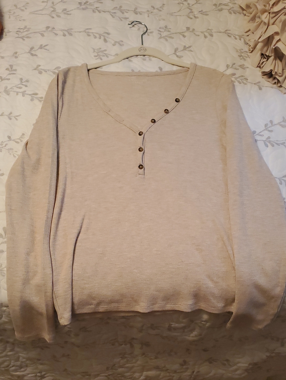 Women's Beige Button-Neck Thermal Long Sleeve